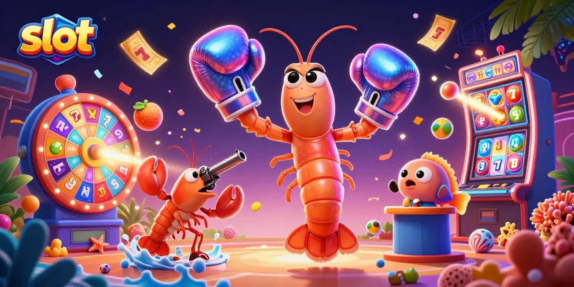 Spin colorful slots with lively shrimp characters amidst a rich casino background