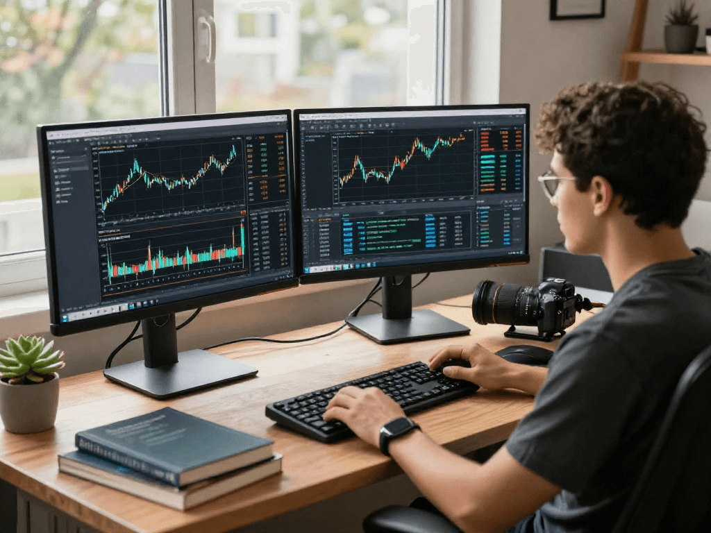 Algorithmic gold trading API utilized in a modern trading setup displaying real-time data and analytics.