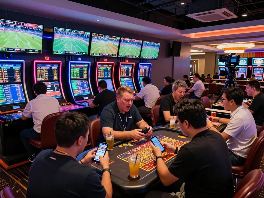 CàkhịaTV viewers engaging with live sports betting, analyzing odds and statistics in a vibrant casino.