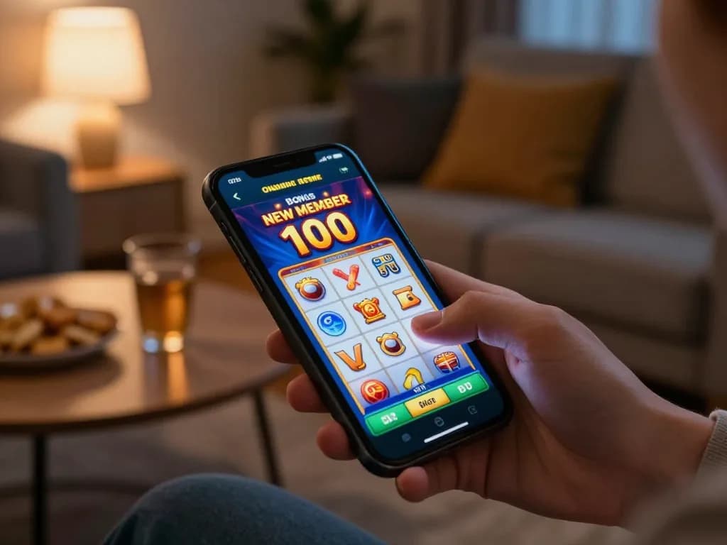 Exciting scene of online casino gaming showcasing slot bonus new member 100 on a smartphone screen.