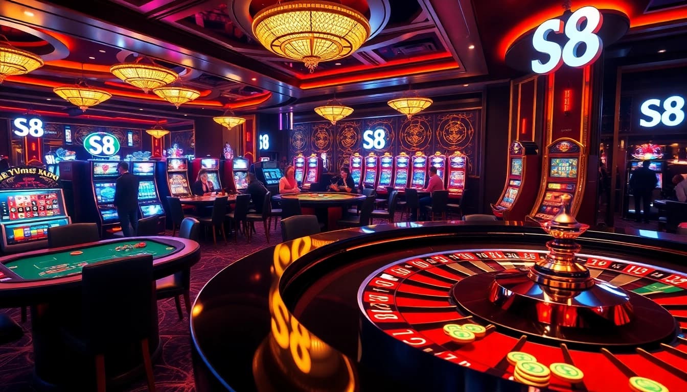 S8 casino scene showcasing players at a roulette table with vibrant chips and sophisticated ambiance.