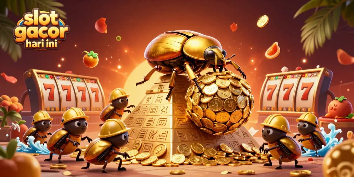 Engage in slot gacor hari ini with a vibrant scene of golden beetles, slot reels, and casino symbols.