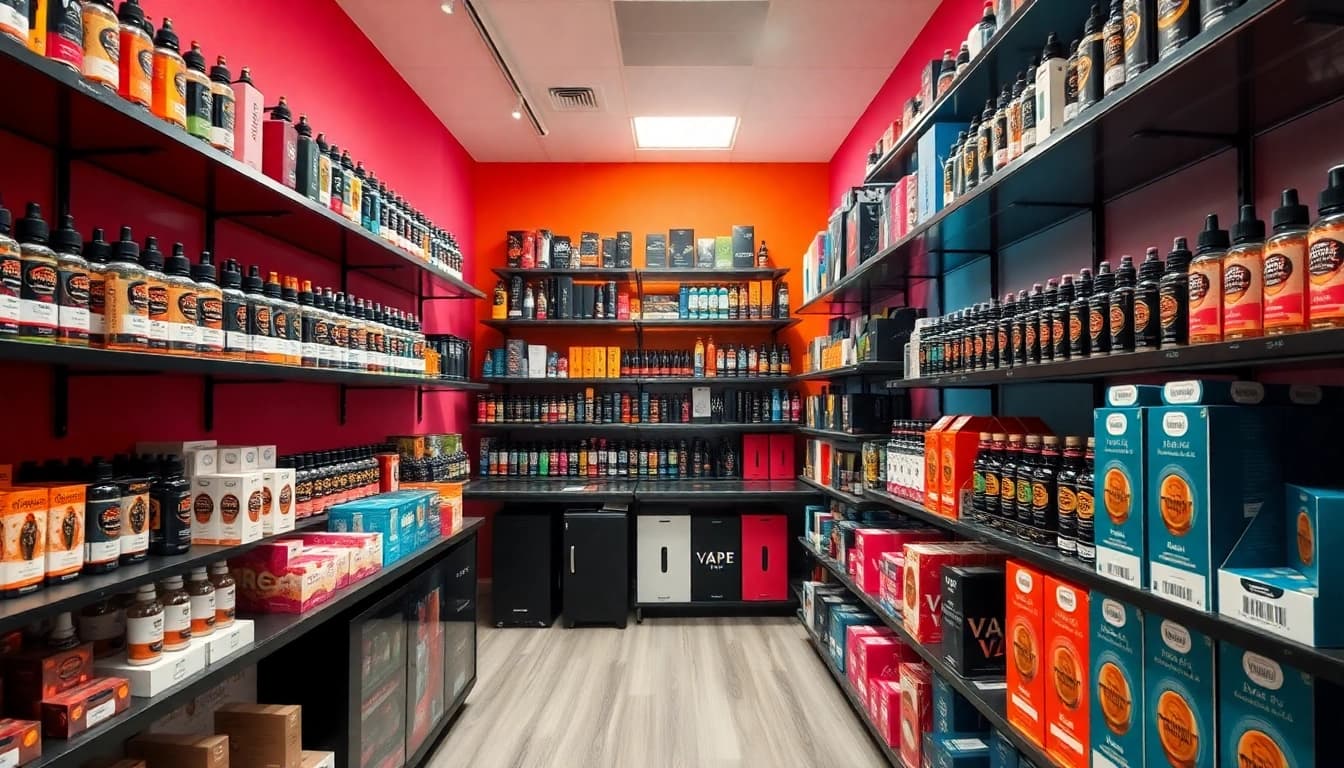 Vape Juice Depot displays a colorful variety of premium vape products in a well-lit shop.
