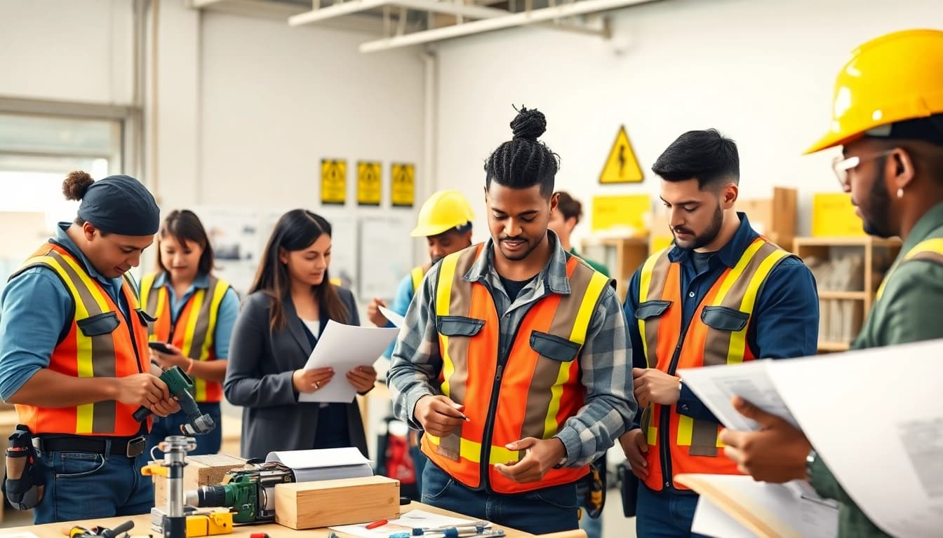 Engaged participants in construction training programs utilizing tools in a workshop setting.
