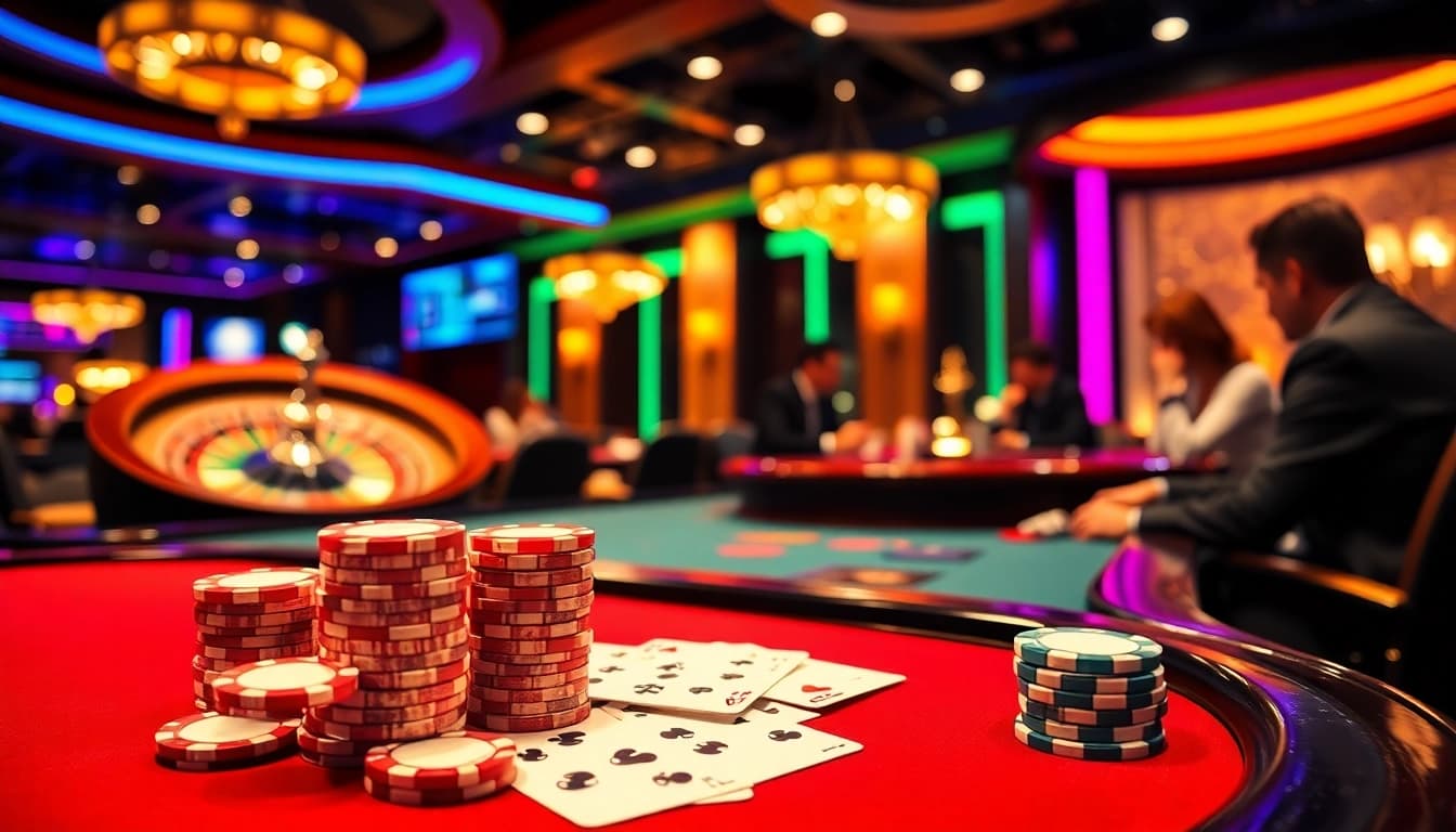 KJ C players engaged at a luxurious poker table, showcasing chips and cards.