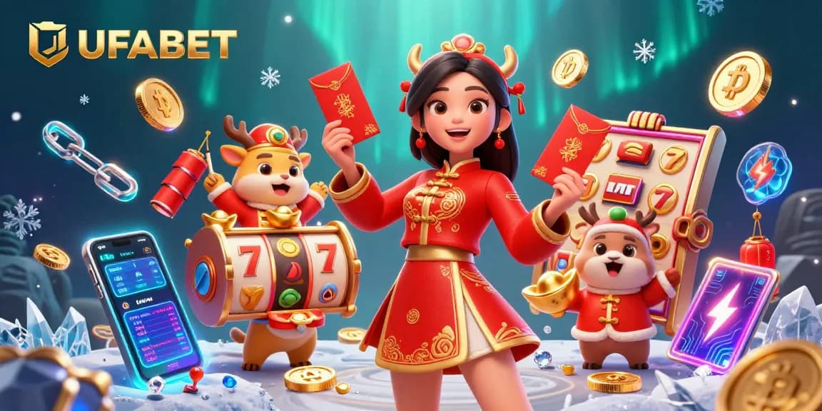 Experience the excitement of UFABET with a vibrant casino-themed illustration featuring joyful Asian characters, slot reels, and crypto elements.