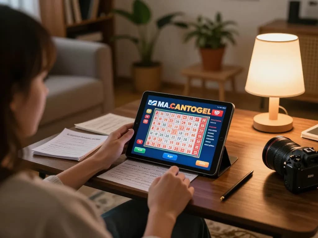 Player engaging with MACANTOGEL on a tablet while analyzing betting strategies in a cozy setting
