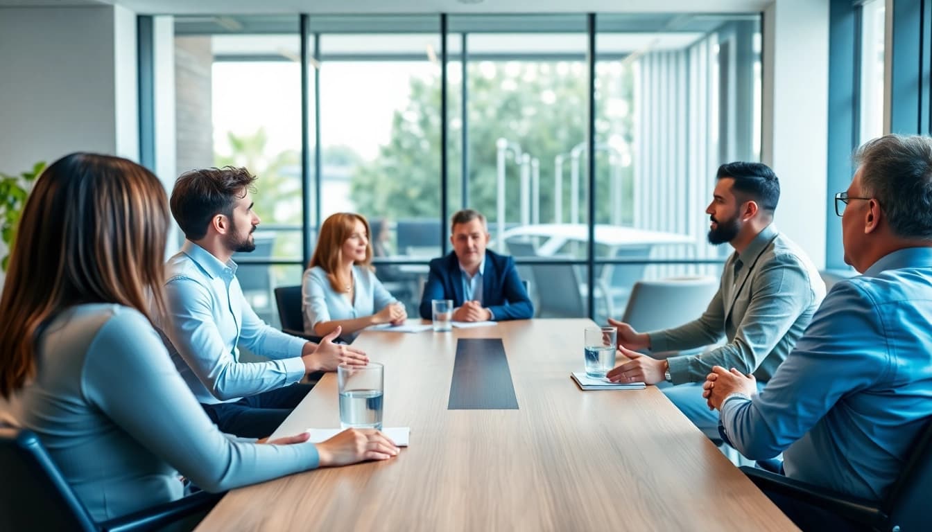 Mediation session showcasing diverse participants engaged in discussion at a modern conference table.
