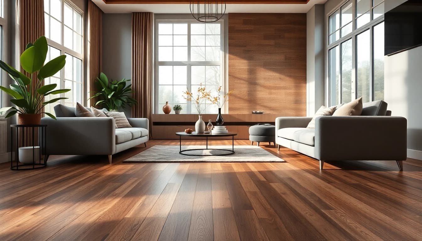 Lvp flooring elegantly enhances a modern living room's aesthetic with natural light and cozy decor elements.