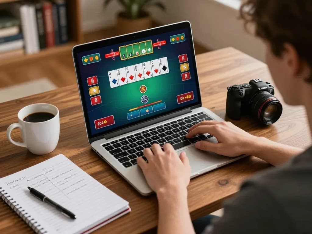 TG88 player strategizing poker online at home, laptop screen showing game interface.