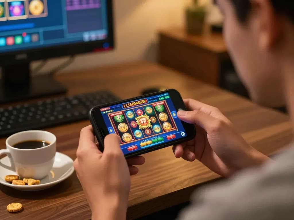 Player enjoying a thrilling experience on slot server luar negeri game via smartphone in a cozy setting.