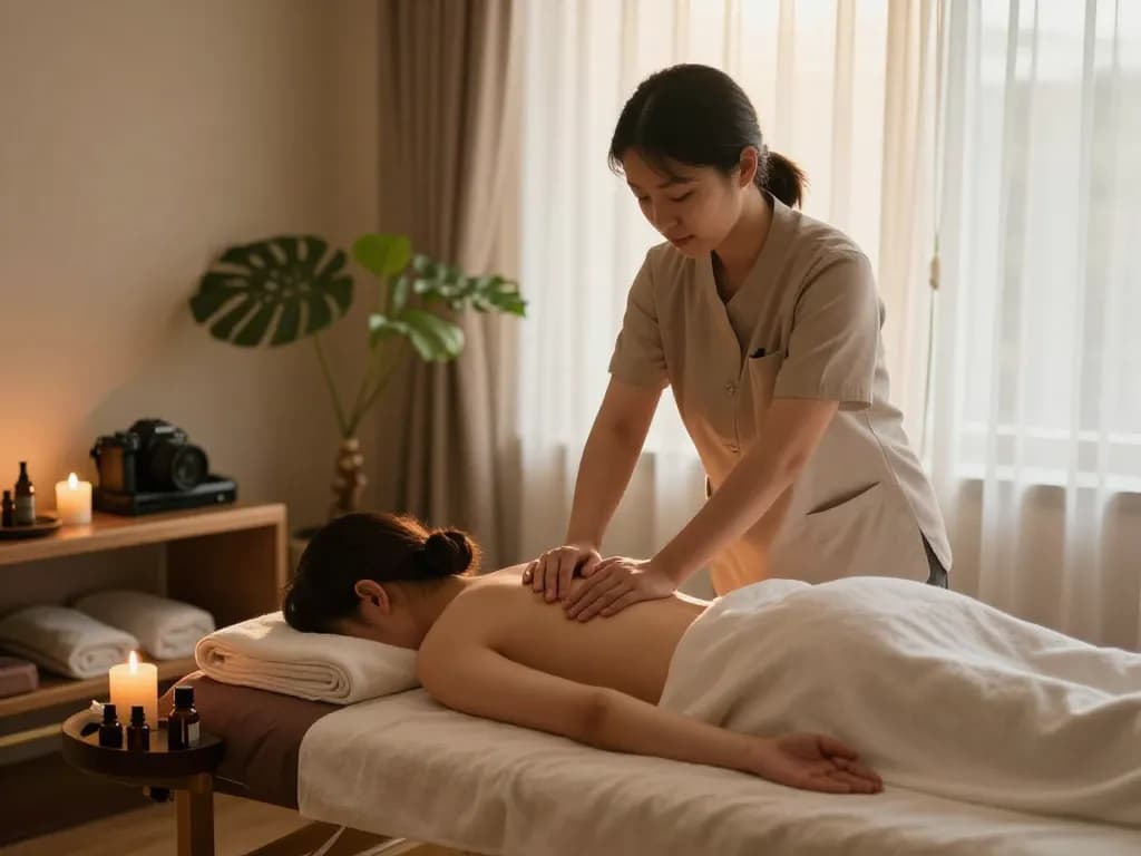 평화로운 방에서 스웨디시 마사지를 수행하는 치료사와 함께하는 편안한 치평동마사지 치료 장면.