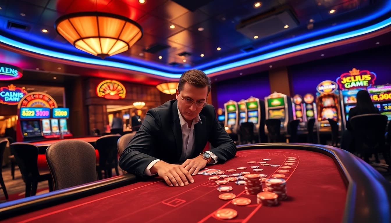 Intense poker action at a luxurious casino showcasing https://whycazino.com/ thrilling gaming atmosphere.