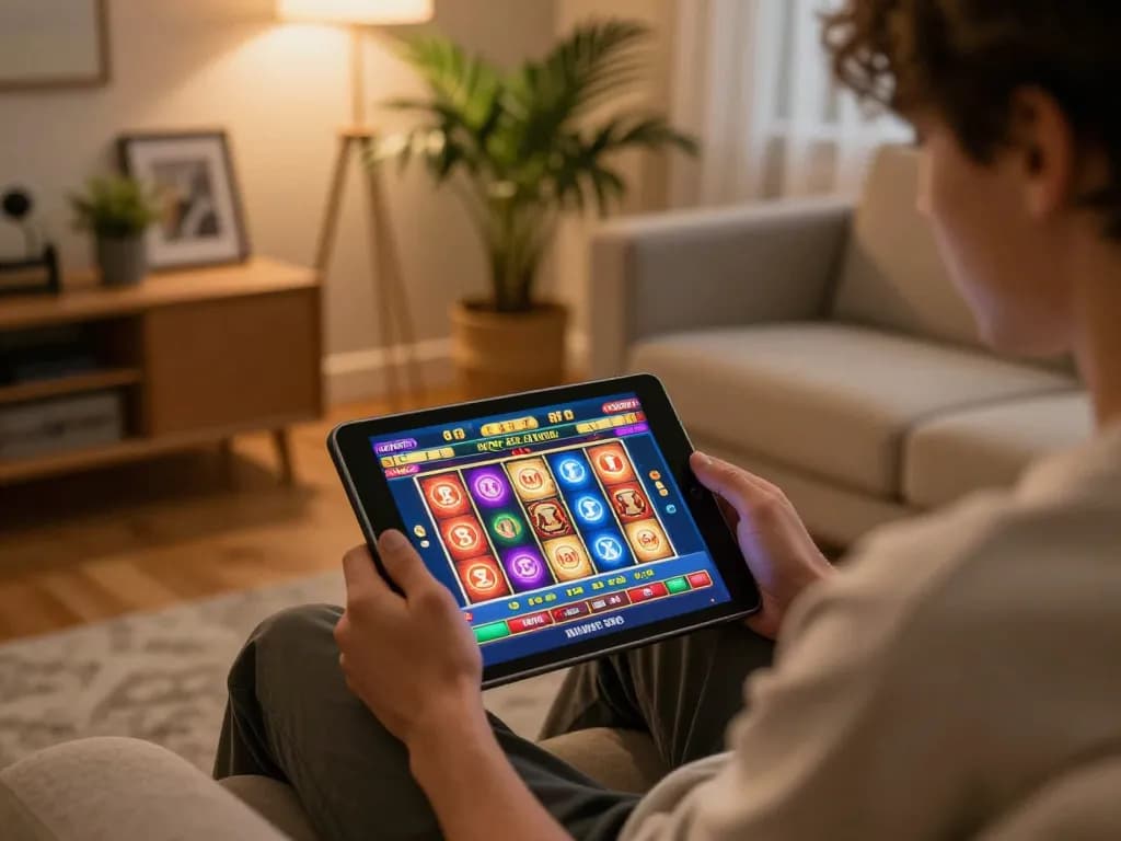 Engaging person playing on Website MM88 tablet, highlighting colorful slot game interface in a cozy atmosphere