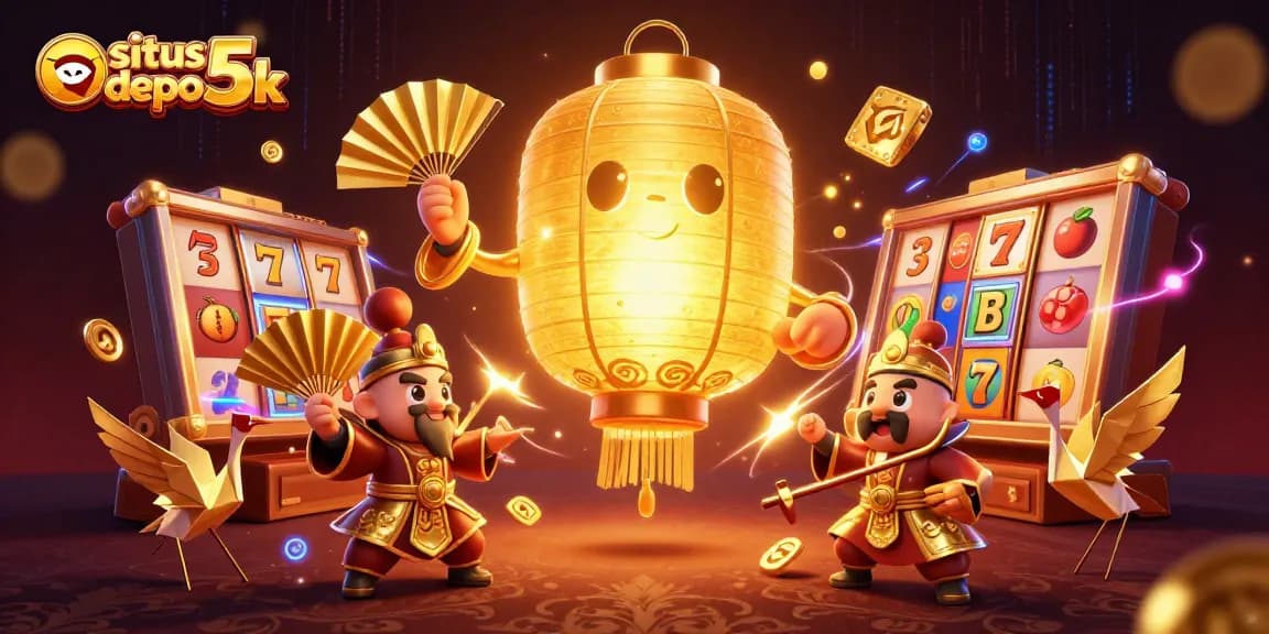 Experience the excitement at situs depo 5k with vibrant casino game elements and glowing characters.