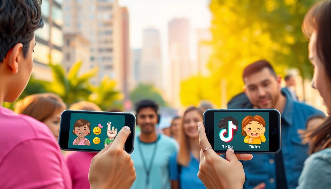 Engaging users with tiktok emojis on smartphones in a vibrant social media setting.