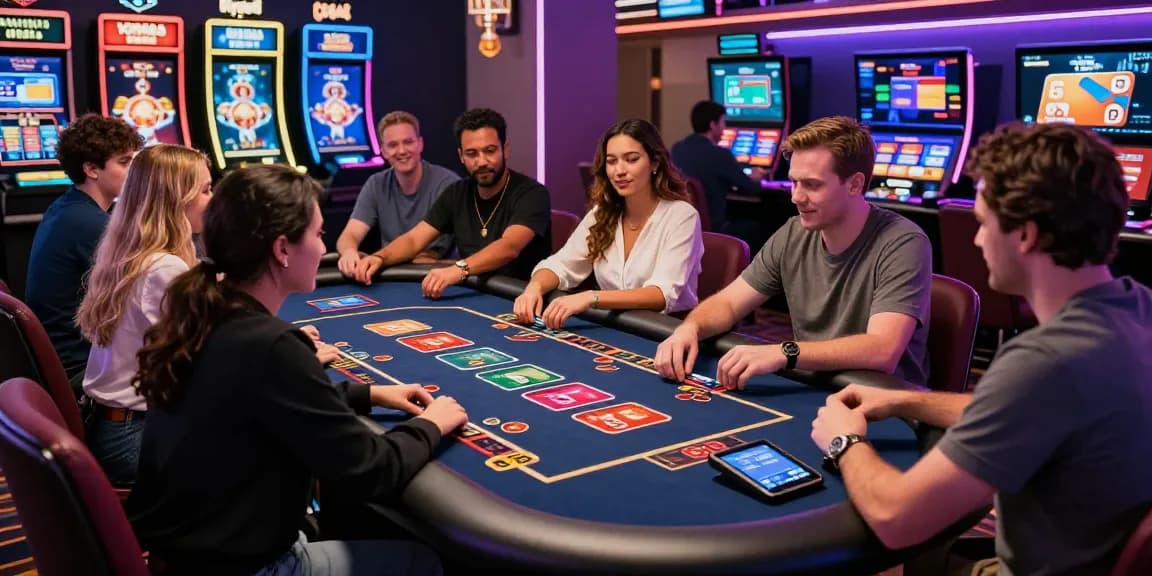 Credit card casinos scene with players enjoying vibrant online games, showcasing digital payment options and exciting ambiance.