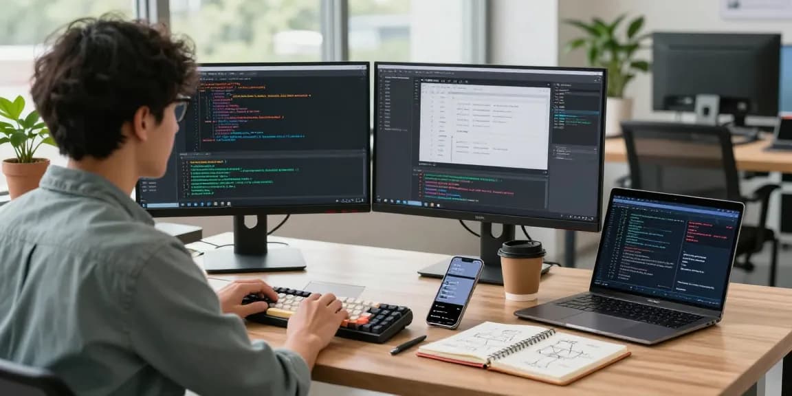 Developer coding with dual monitors in a modern workspace while using 纸飞机中文版 for efficient communication.