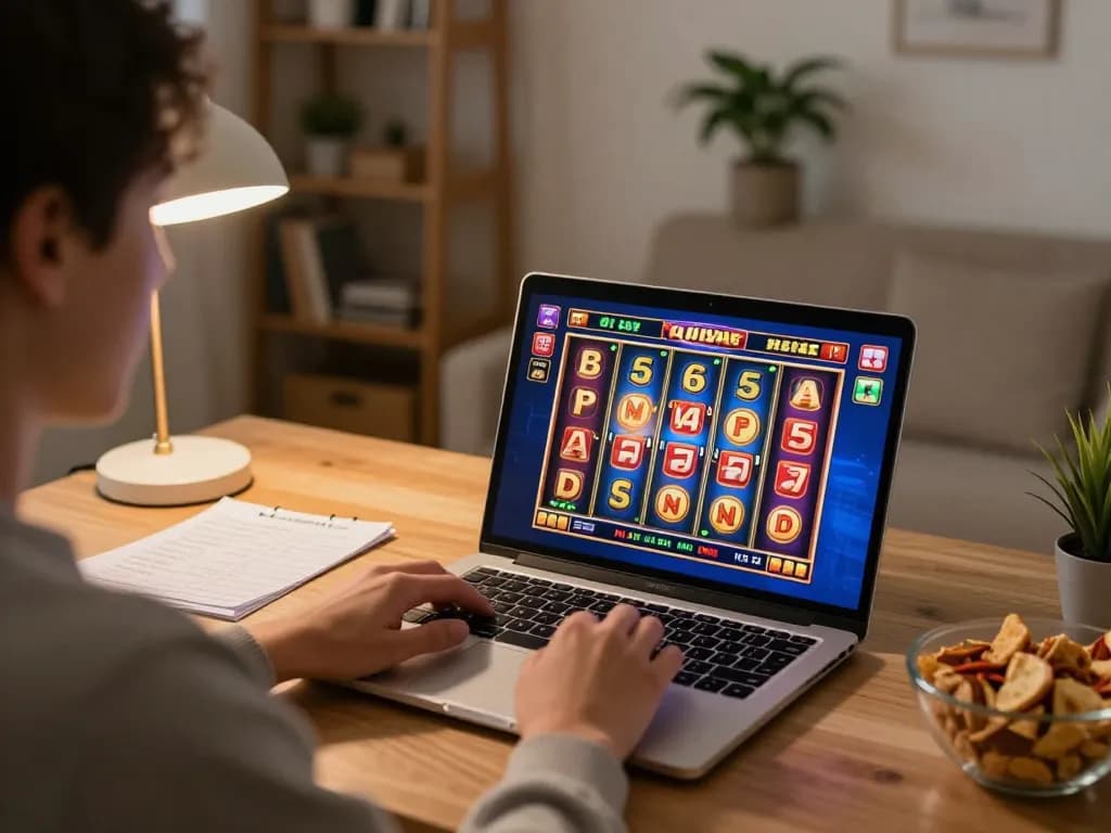 Engaging in online casinos Canada on laptop at home, showcasing gaming strategy notes and vibrant game interface.