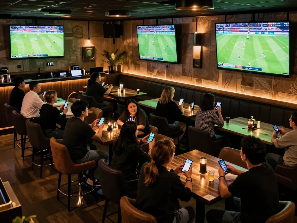 Kqbd hôm nay: Patrons enjoying live soccer matches and betting apps in a vibrant sports bar atmosphere