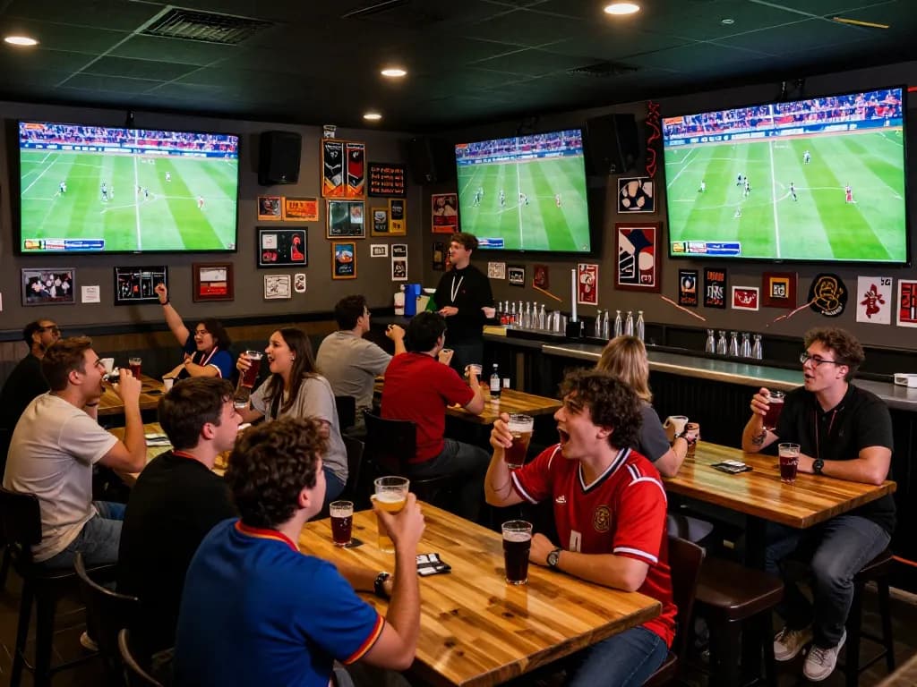 Cakhiatv viewers cheering during live sports event at the sports bar, enhancing the excitement of https://cakhiatv.design/ with drinks and screens