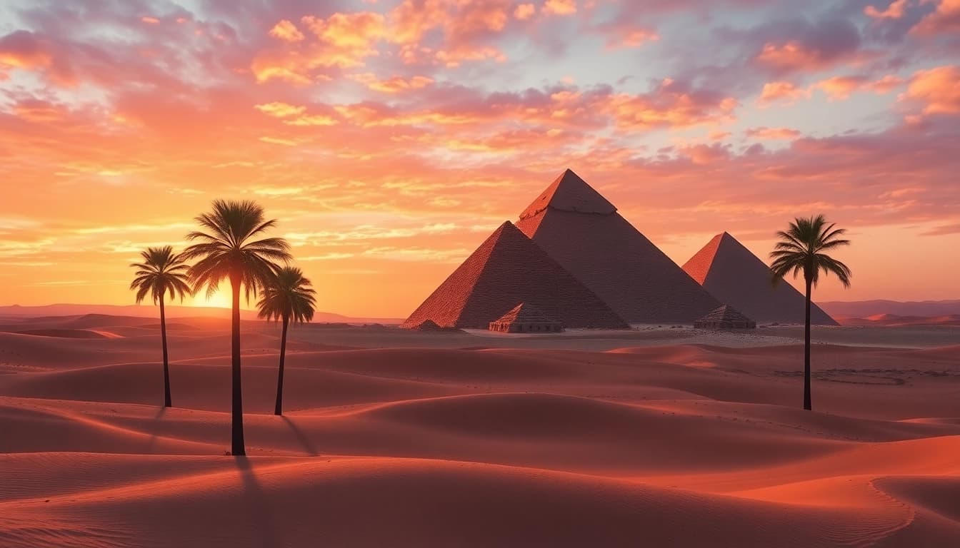 View of the Giza pyramids set against a sunset background, featuring intricate stone textures and dramatic lighting.