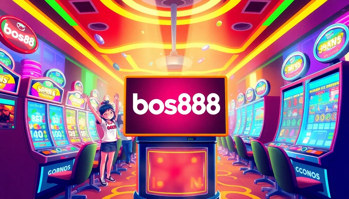 Bos88 menghadirkan suasana gaming yang ceria dengan mesin slot penuh warna dan karakter yang merayakan kemenangan.