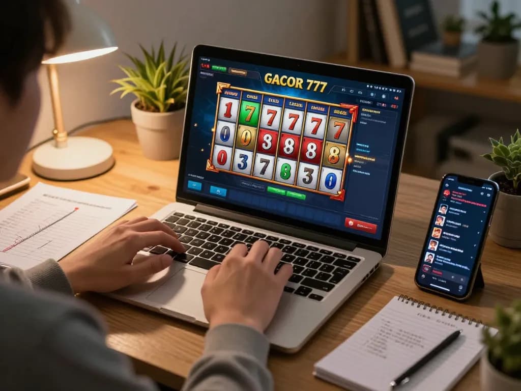 Engaging in slot gacor 777 gameplay on a laptop, with notes and smartphone nearby.
