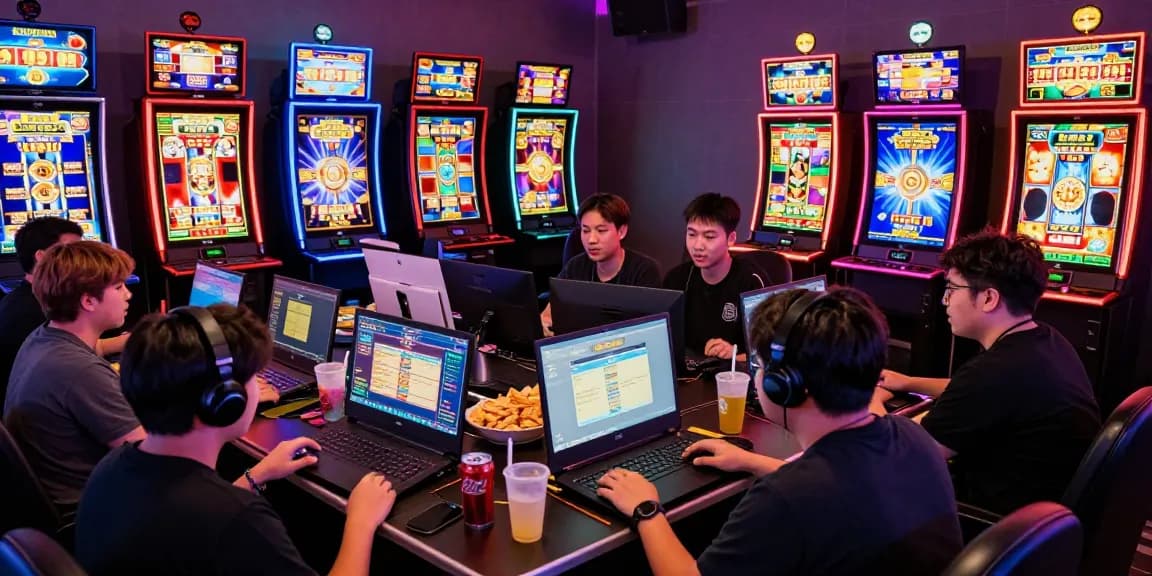 Players excitedly participating in slot gacor games in a lively online gaming environment, showcasing vibrant graphics and camaraderie.