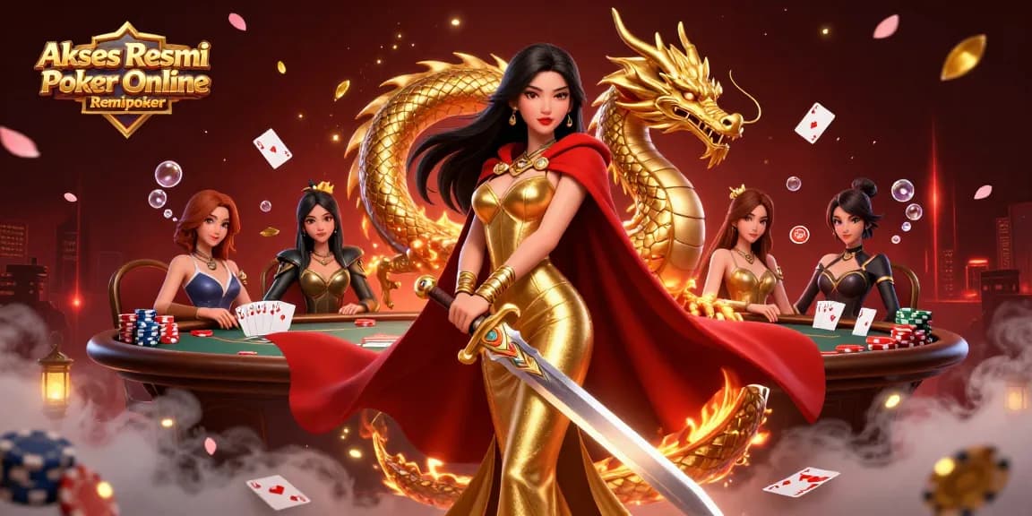 Akses Resmi Poker Online Remipoker showcases a warrior queen and gaming elements, embodying excitement and strategy in poker.