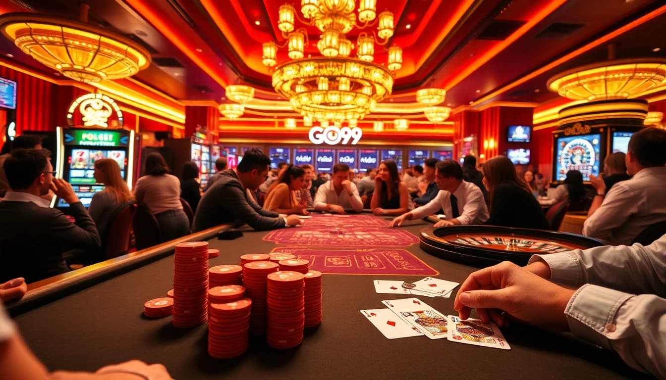 GO99 players betting at a vibrant casino table with poker chips and slot machines.