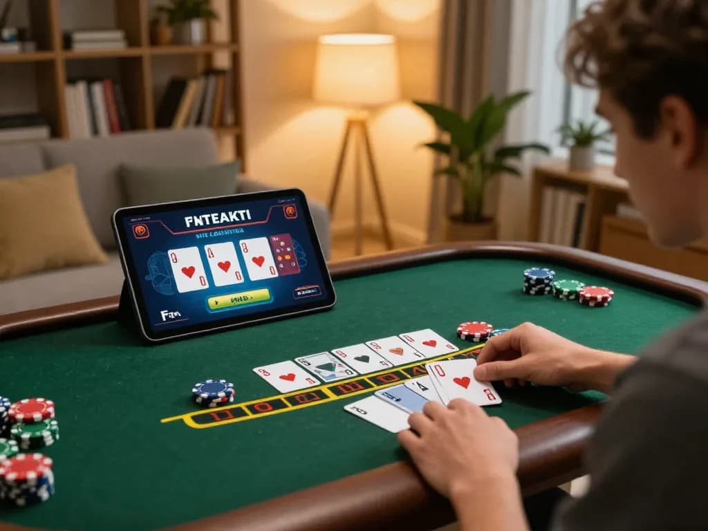 Engaged player exploring rikvip online blackjack on a tablet in a cozy living room setting