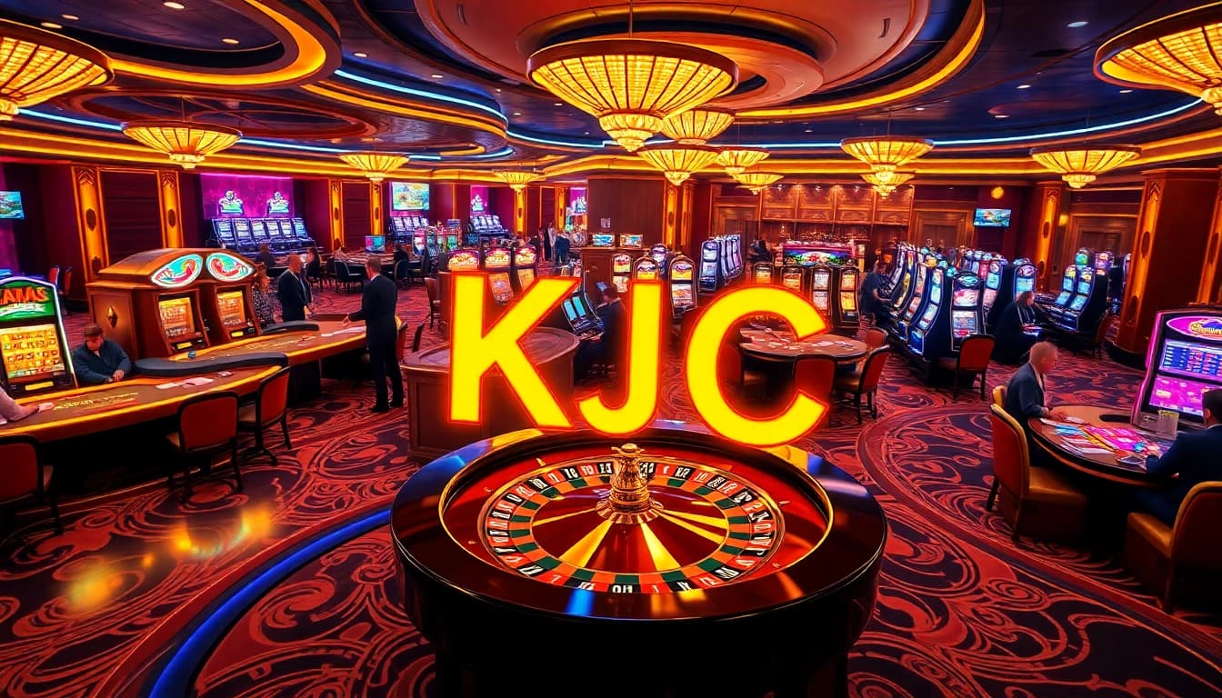 KJC casino scene with vibrant atmosphere featuring poker tables, roulette wheel, and slot machines.