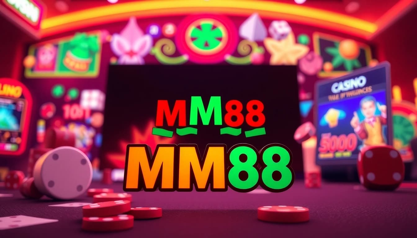 Engaging MM88 gambling logo in a vibrant online gaming scene with casino elements