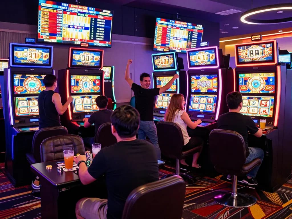 Rasakan kegembiraan permainan situs slot dengan pemain merayakan kemenangan dalam suasana kasino yang penuh warna.