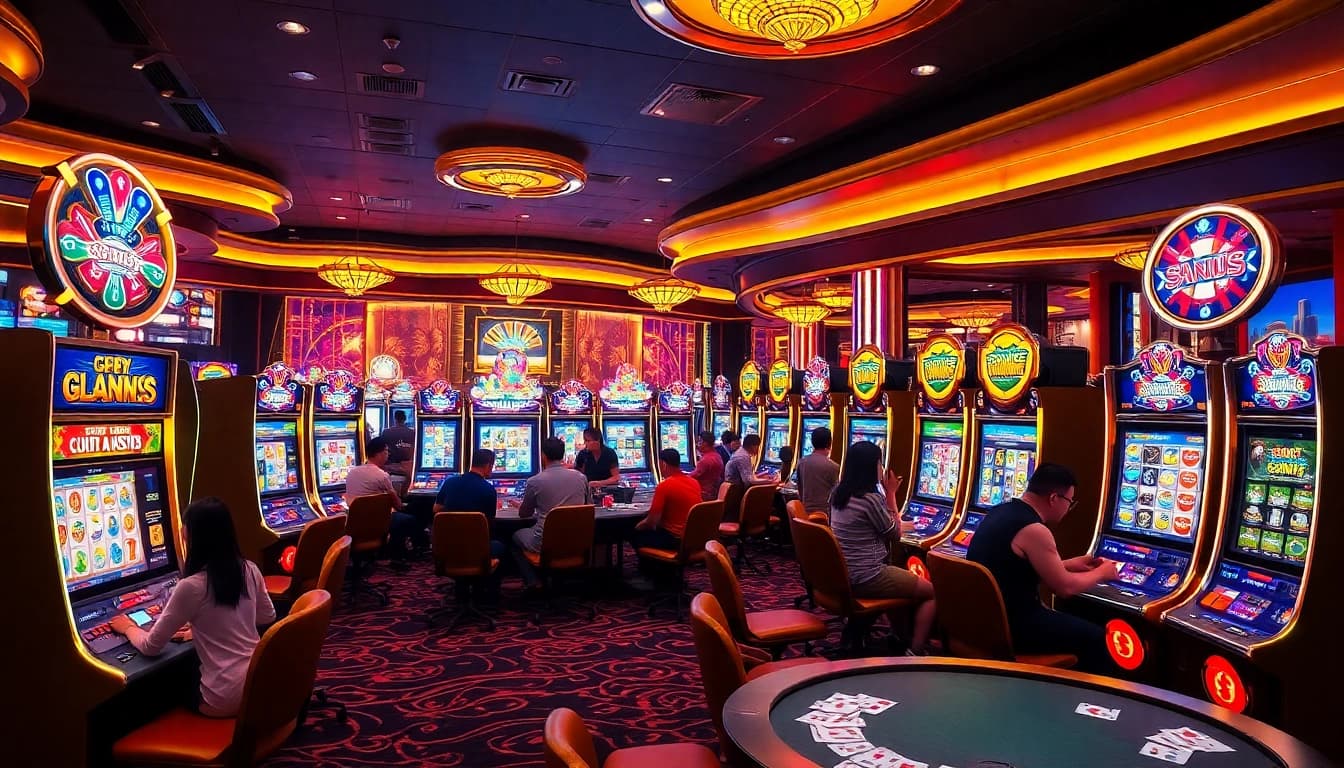 Para pemain yang terlibat menikmati mesin slot situs dengan warna-warni yang hidup dan suasana yang mendebarkan.