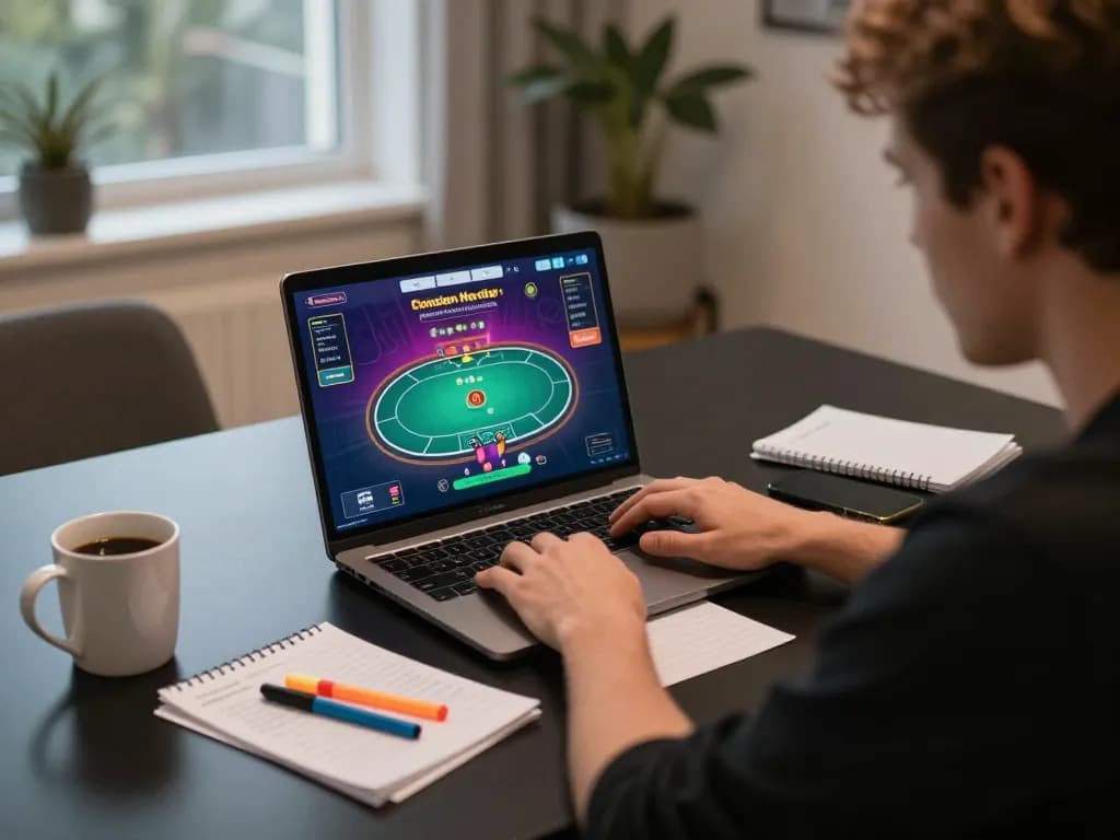 Engaged player strategizing at online poker interface, showcasing Nhà cái SV88 as the focus of their gaming experience.