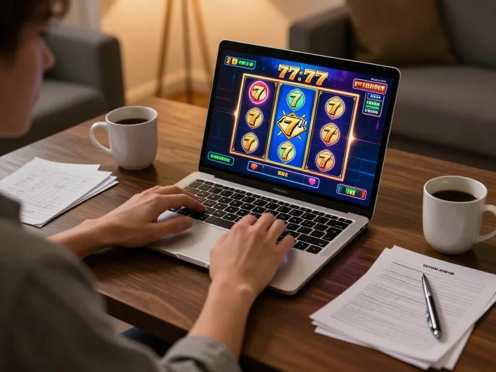 Engaging in slot77 gaming on a laptop in a cozy home setting with a strategic atmosphere