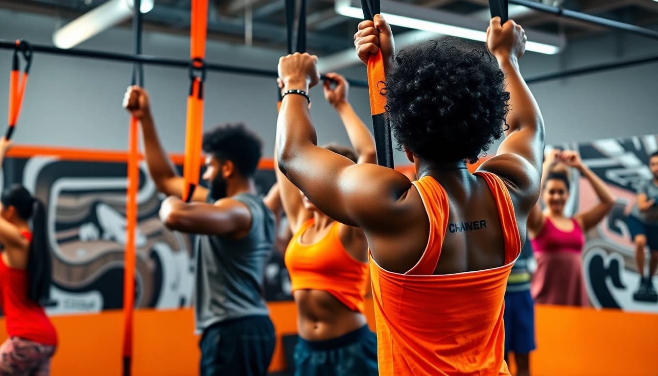 Dynamic scene of fitness enthusiasts using pull-up assist bands in a gym.