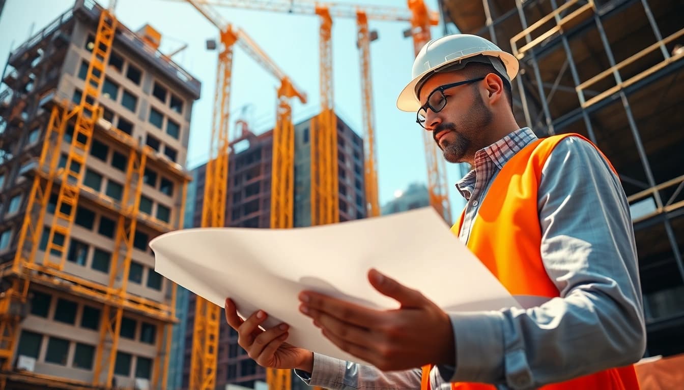 New York Construction Manager reviewing plans on-site at a bustling construction area.
