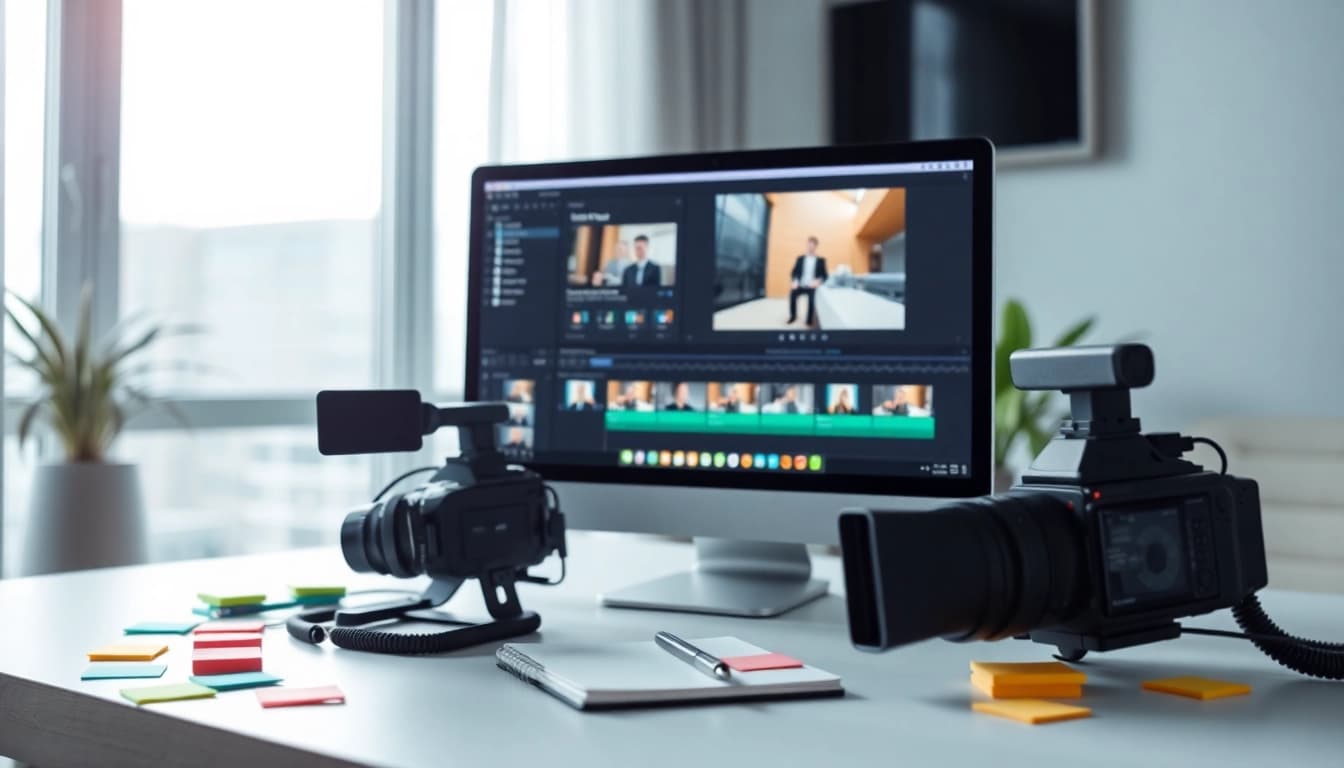 Video to prompt ai setup illustrating a digital workspace with video editing tools and a camera.