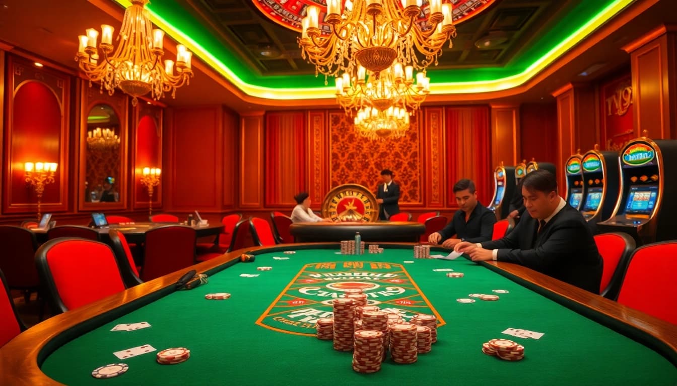 Experience thrilling gameplay at Vuabai9's vibrant casino table, filled with excited players and colorful chips.