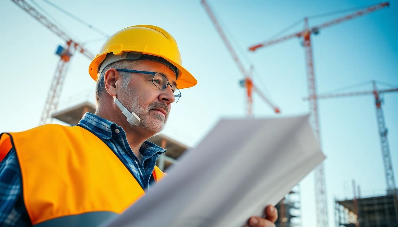 New York Commercial General Contractor evaluates blueprints at a bustling construction site.