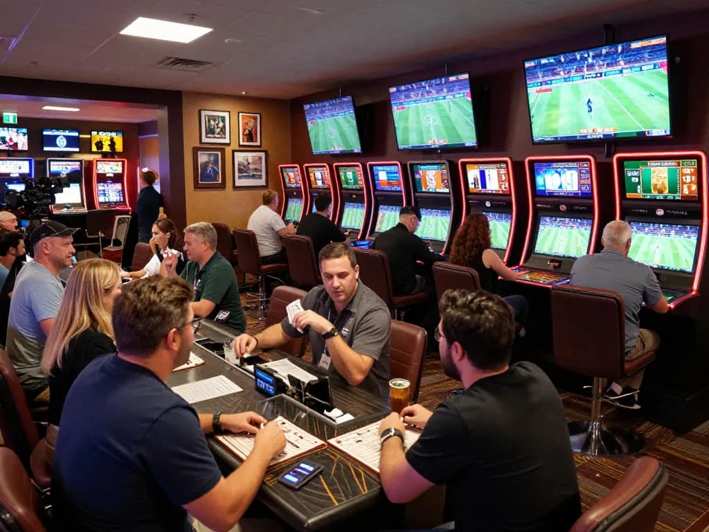 Betting enthusiasts enjoy live sports action at the official amigogrillandco betting lounge, engaging in dynamic wagering.