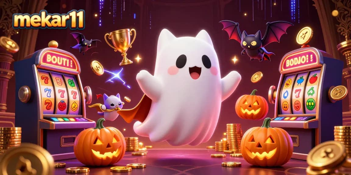 Experience the thrilling wins at mekar11 with a ghostly cat and vibrant slot game elements.