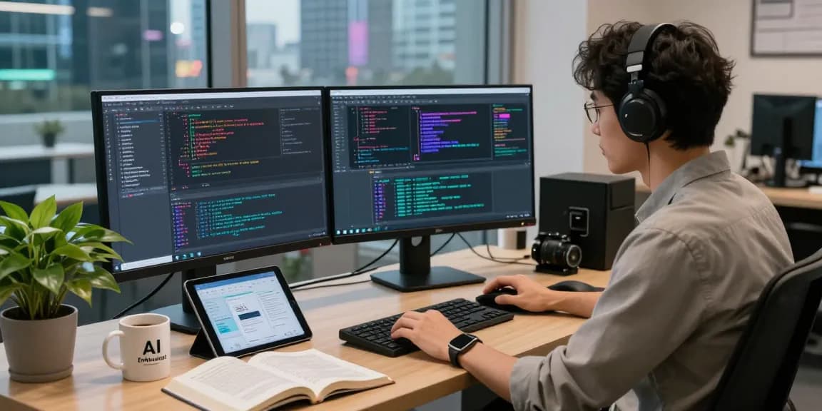 AI developer coding at dual monitors with crush ai visuals in a modern workspace