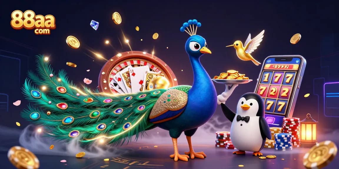Experience the excitement with 88aa com's vibrant casino scene featuring animated characters and casino game elements.