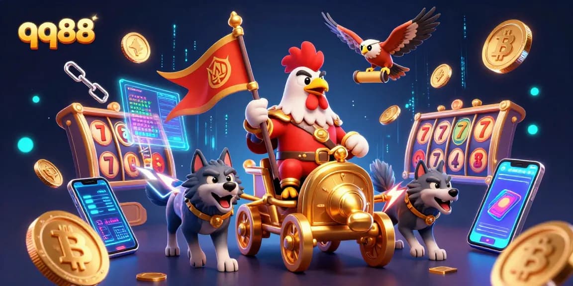 Engage with QQ88's thrilling gaming scene featuring a rooster warlord in a golden chariot, dynamic energy, and slot reels.