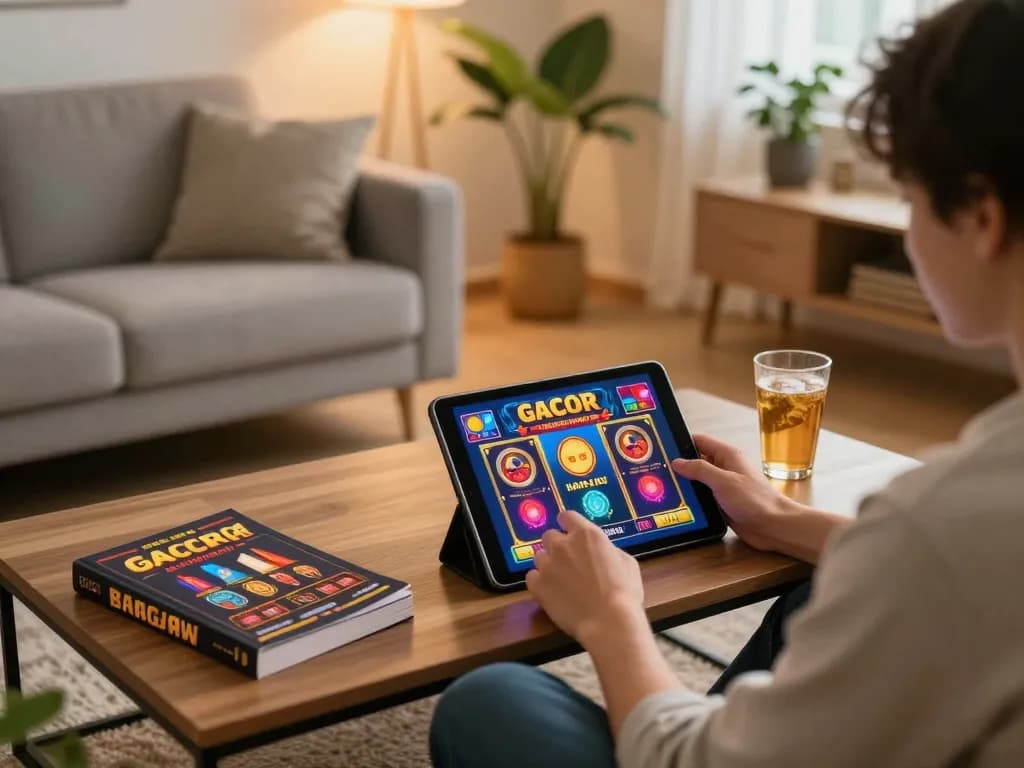 Engaging in slot gacor hari ini gameplay on a tablet in a cozy home setting, showcasing vibrant graphics and strategic elements.