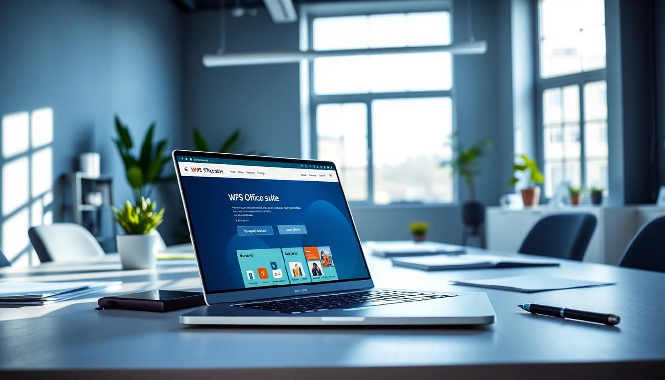 Efficient office workspace showcasing WPS下载 on laptop screen with modern design.